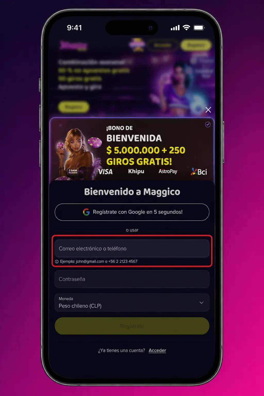 Formulario para crear cuenta en Maggico con datos personales, contacto y contraseña segura