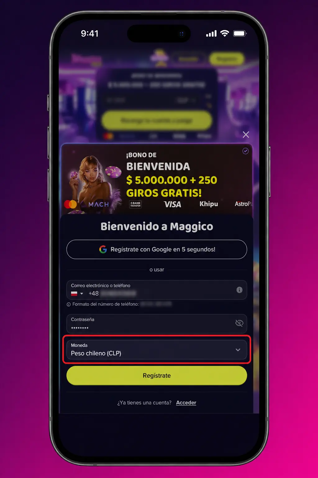 Formulario de registro de Maggico para crear cuenta con datos personales, contacto y contraseña segura