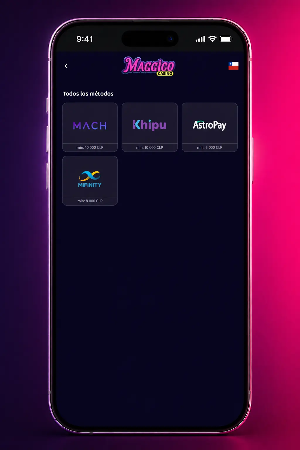 Pantalla de depósito en la app Maggico para cargar saldo en CLP con métodos de pago chilenos