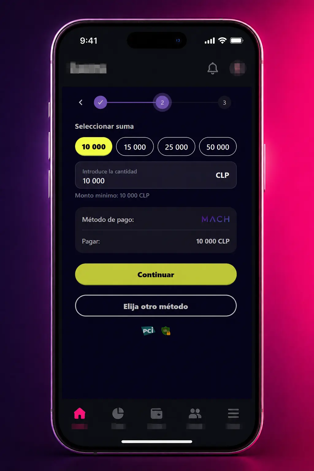 Pantalla de depósito en la app Maggico para cargar saldo en CLP con métodos de pago chilenos