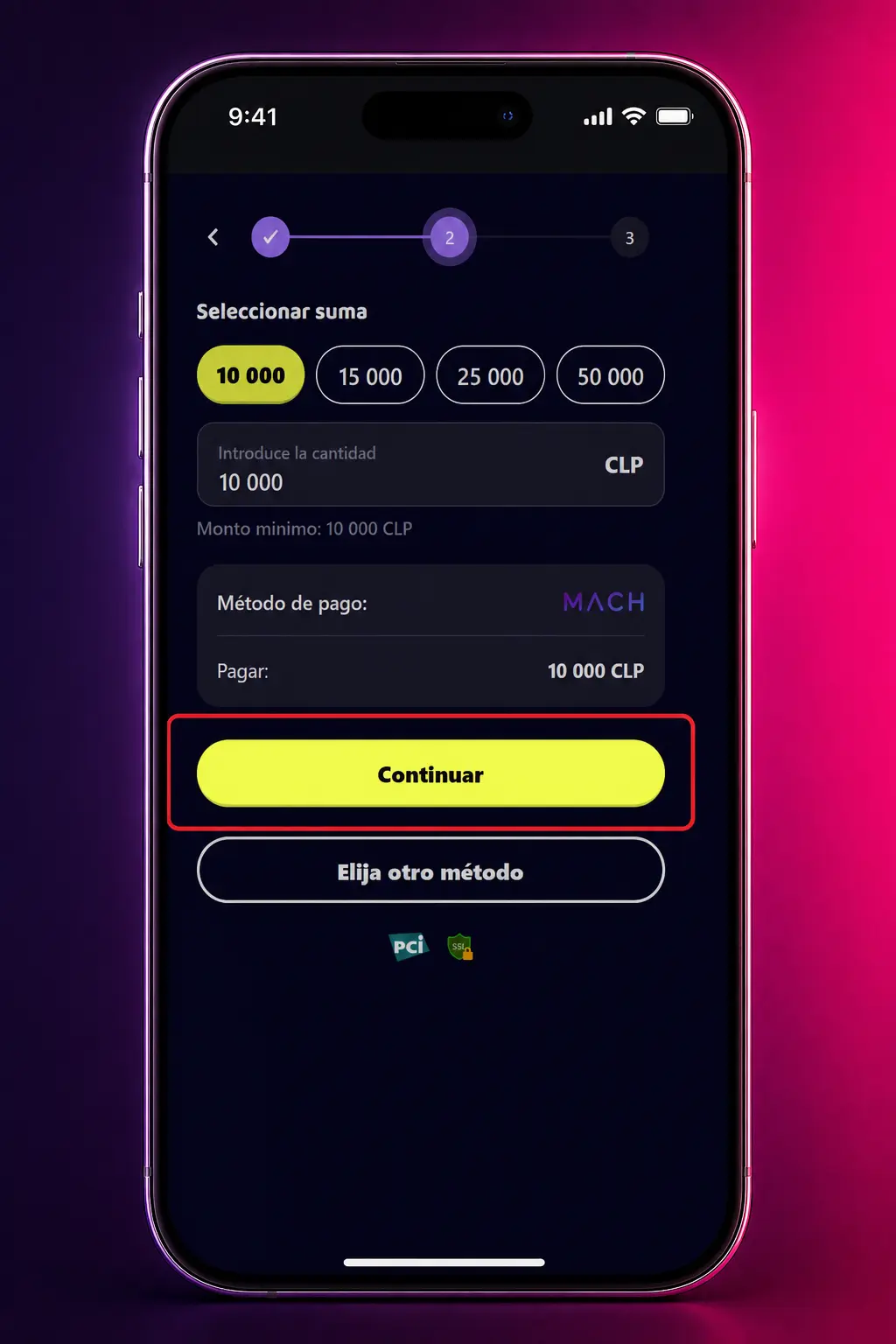 Depósito en la app de Maggico para cargar saldo en CLP con métodos de pago disponibles en Chile