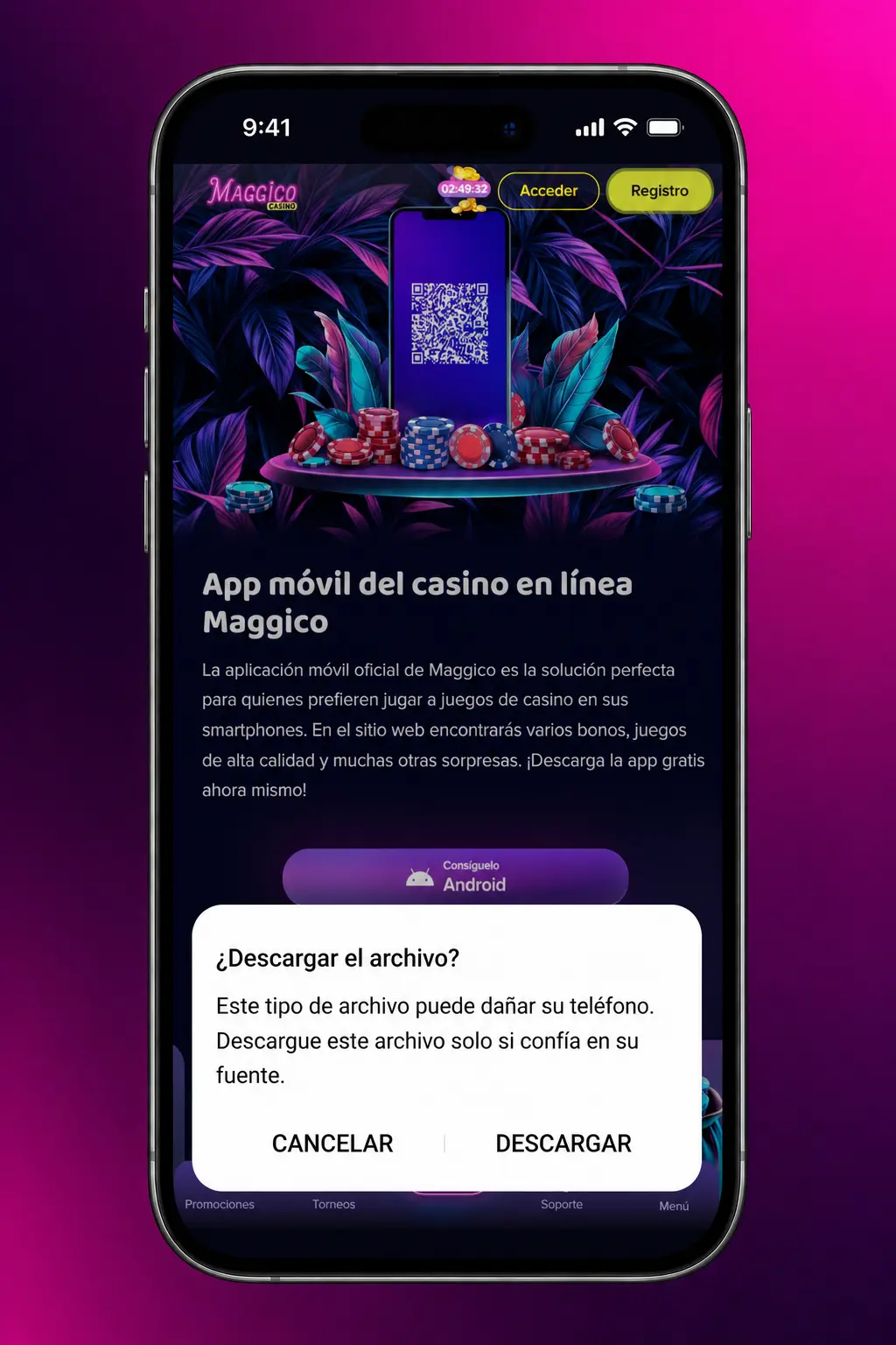 Guía visual para descargar Maggico APK en Android en 4 pasos, desde descarga hasta instalación.