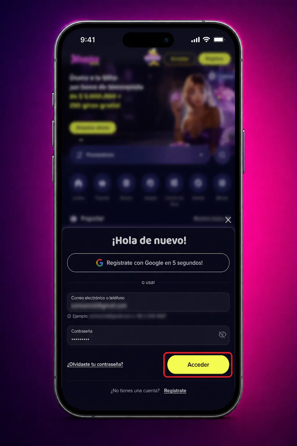 Pantalla de acceso móvil a Maggico para iniciar sesión, revisar saldo en CLP, bonos y apuestas deportivas